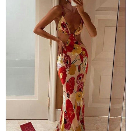 Women's Floral Deep V Neck Bodycon Dress Sleeveless Spaghetti Strap Cut Out Long Dress