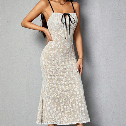 Women's Summer Sleeveless Spaghetti Strap Midi Dress Sexy Lace Bodycon Party Dresses