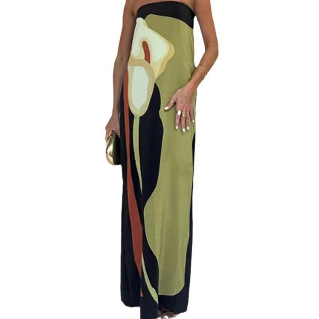 Women's Printed Tube Strapless Maxi Dress Side Slit Bodycon Sleeveless Dress