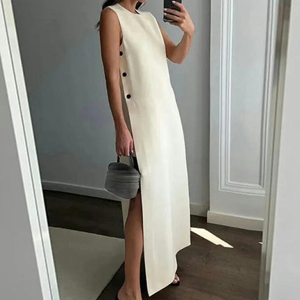 Women's Summer Sleeveless Side Slit Maxi Dress Round Neck Button Dresses