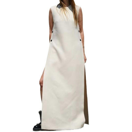 Women's Summer Sleeveless Side Slit Maxi Dress Round Neck Button Dresses