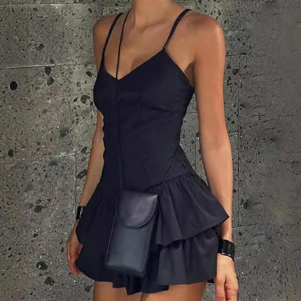 Women's Sexy V-Neck Spaghetti Strap Sleeveless Ruffle A Line Mini Dress