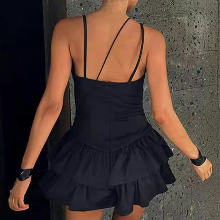 Women's Sexy V-Neck Spaghetti Strap Sleeveless Ruffle A Line Mini Dress