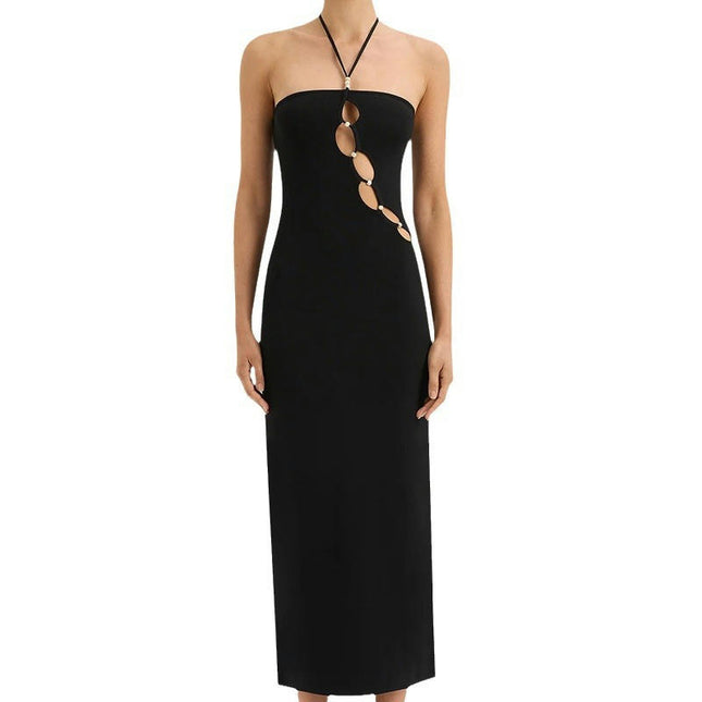 Women's Sleeveless Tie Backless Cut Out Square Neck Bodycon Halter Tube Maxi Dress