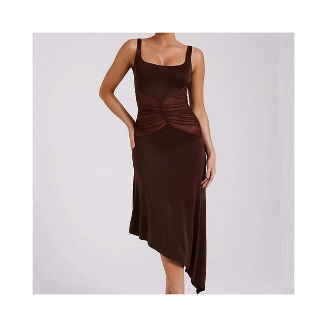 Women Strap Bodycon Midi Dress Square Neck Asymmetrical Hem Dress