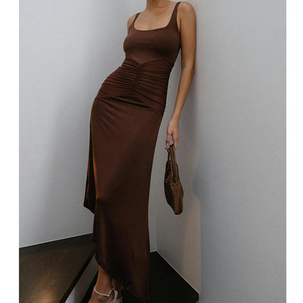 Women Strap Bodycon Midi Dress Square Neck Asymmetrical Hem Dress