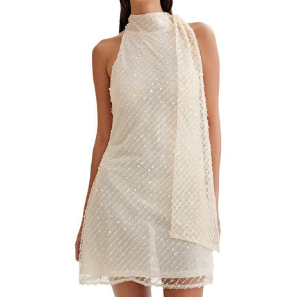 Women's Sequin Sleeveless Halter Neck Tie Cocktail Party Short Mini Dress