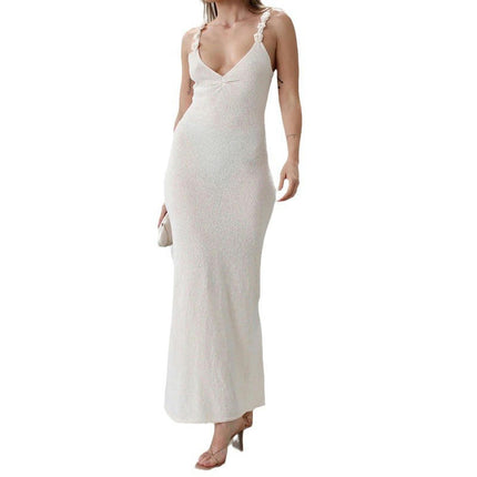 Womens Summer Deep V Neck Knit Maxi Dress Bodycon Sleeveless Split Dresses