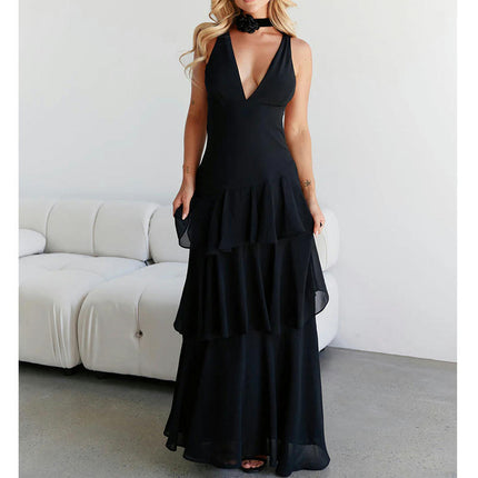 Women Tiered Ruffled Maxi Dress Spaghetti Strap Deep V Neck Sleeveless Backless Dresses