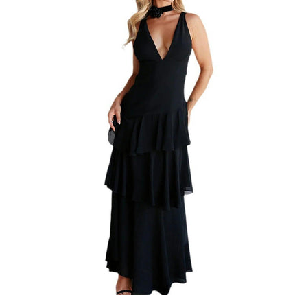 Women Tiered Ruffled Maxi Dress Spaghetti Strap Deep V Neck Sleeveless Backless Dresses