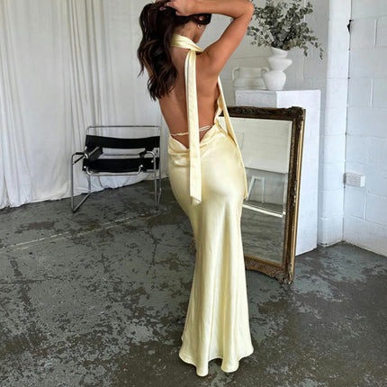 Women's Sexy Sleeveless Halter Deep V Neck Backless Tie Cocktail Maxi Dress