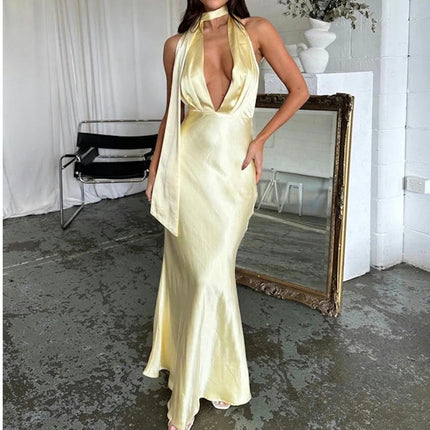 Women's Sexy Sleeveless Halter Deep V Neck Backless Tie Cocktail Maxi Dress