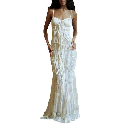 Women Summer Maxi Dress Spaghetti Strap Ruched Tie Tiered Long Dress