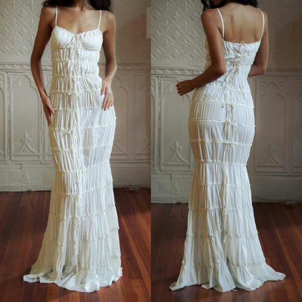 Women Summer Maxi Dress Spaghetti Strap Ruched Tie Tiered Long Dress