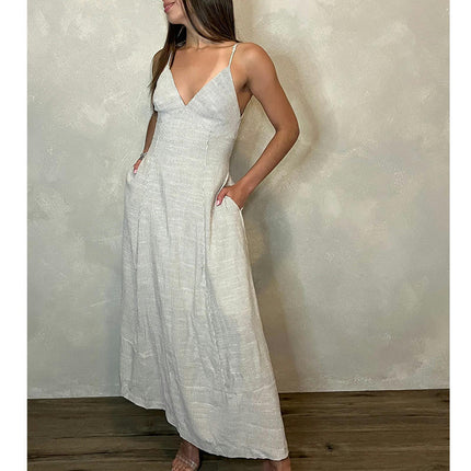 Women's Casual Sleeveless Deep V Neck Spaghetti Strap Backless Maxi Long Dress