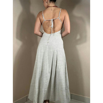 Women's Casual Sleeveless Deep V Neck Spaghetti Strap Backless Maxi Long Dress