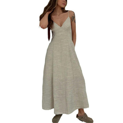 Women's Casual Sleeveless Deep V Neck Spaghetti Strap Backless Maxi Long Dress