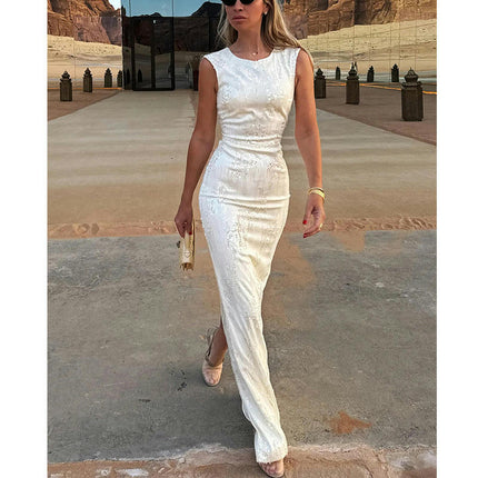 Women's Sequins Maxi Dress Elegant Sleeveless Bodycon Scoop Neck Long Dresses