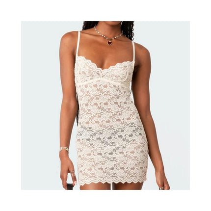 Lace Mini Dress for Women Sleeveless Spaghetti Strap Bodycon Sexy Dress