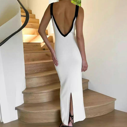 Women Spaghetti Strap Deep V Neck Backless Bodycon Dress Sleeveless Split Maxi Dresses