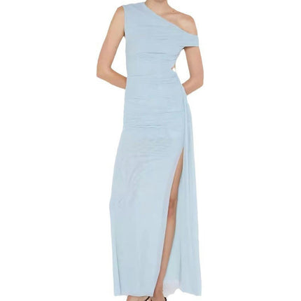 Women's One Shoulder Sleeveless Split Bodycon Mesh Evening Long Dress