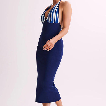 Women's Sexy Halter Deep V Neck Midi Dress Sleeveless Tie Bodycon Dresses