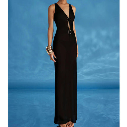 Women's Sexy Sleeveless Deep V Neck Cut Out Split Bodycon Maxi Dress