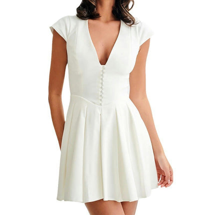 Women's Summer Sexy Deep V Neck Cap Sleeve A-line Pleated Mini Dress