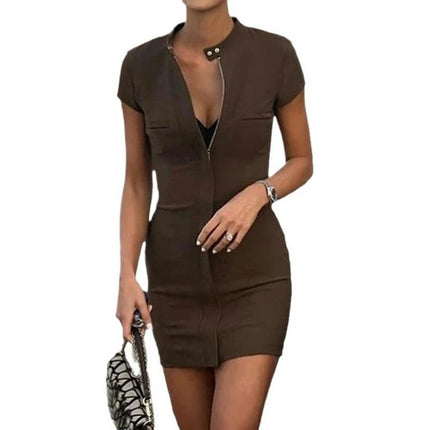 Women Short Sleeve Bodycon Dress Mock Neck Zipper Casual Summer Mini Dresses