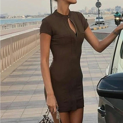 Women Short Sleeve Bodycon Dress Mock Neck Zipper Casual Summer Mini Dresses