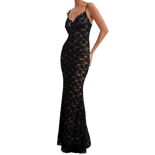 Women Sexy Backless Maxi Dresses Spaghetti Strap Sleeveless Lace Bodycon Dresses