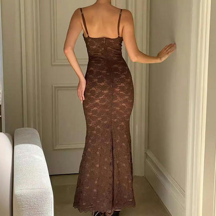 Women Sexy Backless Maxi Dresses Spaghetti Strap Sleeveless Lace Bodycon Dresses