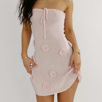 Women Sexy Strapless Knitted Mini Dress Sleeveless Bodycon Floral Bodycon Tube Dresses