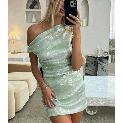 Women's One Shoulder Sleeveless Mini Dress Sequin Ruched Bodycon Dresses