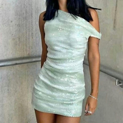 Women's One Shoulder Sleeveless Mini Dress Sequin Ruched Bodycon Dresses