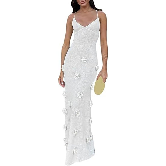 Women Crochet Knit Maxi Dress 3D Floral Bodycon Spaghetti Strap Backless Dress