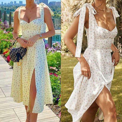 Women Floral Midi Corset Dress Tie Strap Slit A Line Flowy Summer Sundress