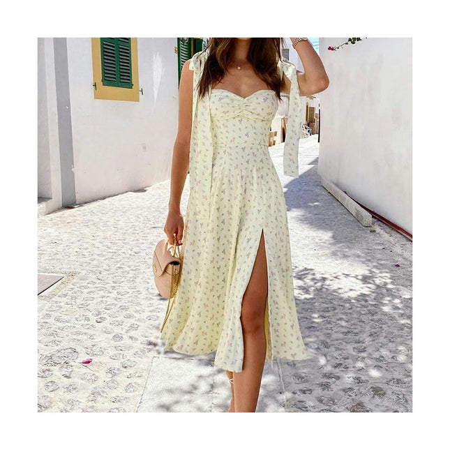 Women Floral Midi Corset Dress Tie Strap Slit A Line Flowy Summer Sundress