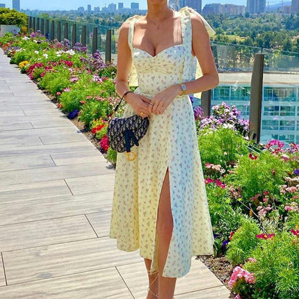 Women Floral Midi Corset Dress Tie Strap Slit A Line Flowy Summer Sundress