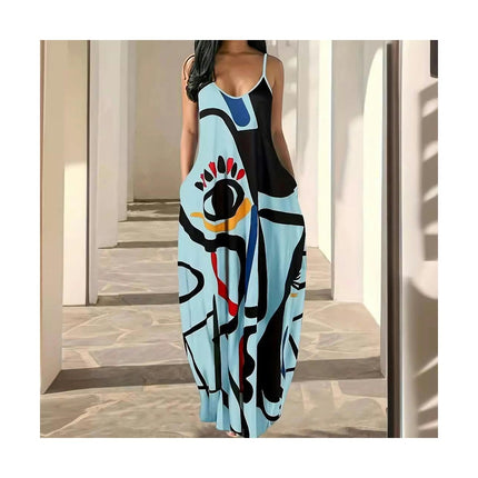 Womens Sexy Spaghetti Strap Sleeveless Long Dress Summer Printed Loose Maxi Dresses