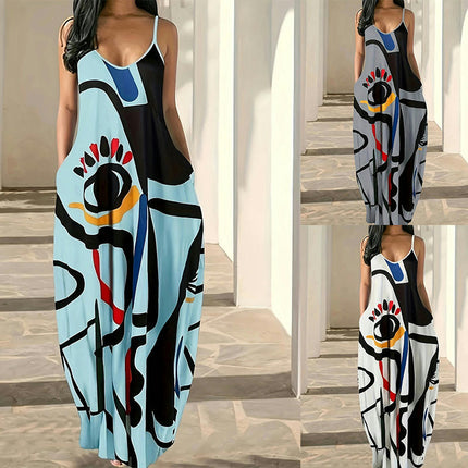 Womens Sexy Spaghetti Strap Sleeveless Long Dress Summer Printed Loose Maxi Dresses