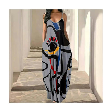 Womens Sexy Spaghetti Strap Sleeveless Long Dress Summer Printed Loose Maxi Dresses