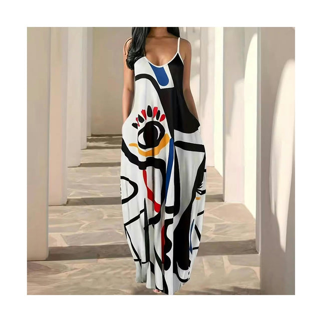 Womens Sexy Spaghetti Strap Sleeveless Long Dress Summer Printed Loose Maxi Dresses