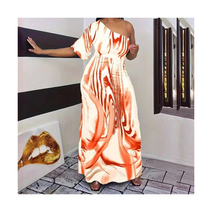 Women's Summer Plus Size Printed Sundress Loose One Shoulder Short Sleeve Maxi Dress