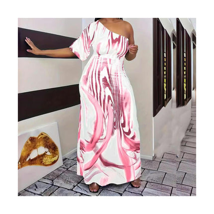 Women's Summer Plus Size Printed Sundress Loose One Shoulder Short Sleeve Maxi Dress