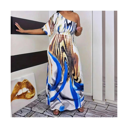 Women's Summer Plus Size Printed Sundress Loose One Shoulder Short Sleeve Maxi Dress