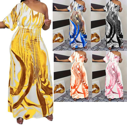 Women's Summer Plus Size Printed Sundress Loose One Shoulder Short Sleeve Maxi Dress