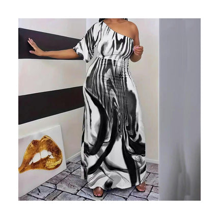 Women's Summer Plus Size Printed Sundress Loose One Shoulder Short Sleeve Maxi Dress