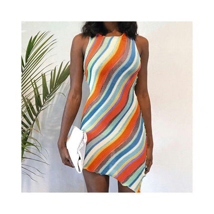 Women's Crew Neck Sleeveless Tank Stripes Bodycon Asymmetrical Hem Mini Tank Dress