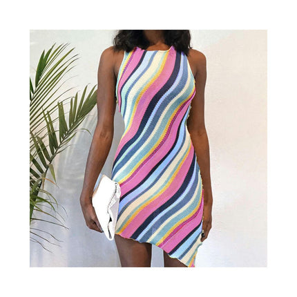 Women's Crew Neck Sleeveless Tank Stripes Bodycon Asymmetrical Hem Mini Tank Dress